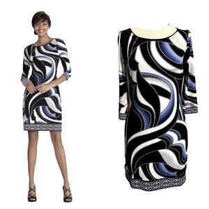 White House Black Market Dress XS Black White 3/4 Blue Sleeve Swirl Print Tunic